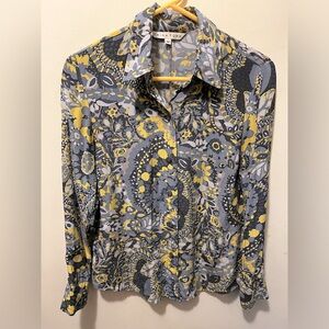 Trina Turk silk button down blue/yellow floral blouse